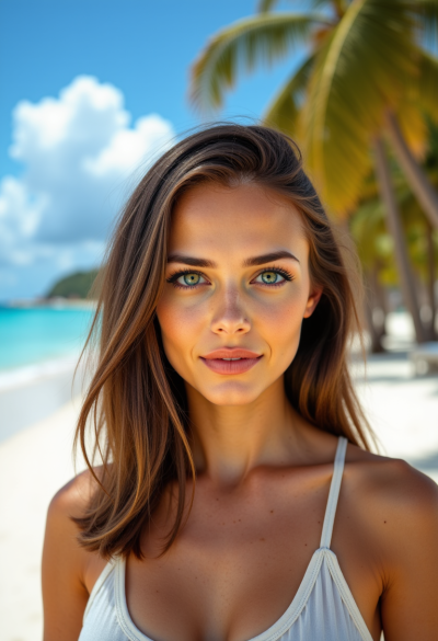 Ultrarealistyczny portret półpostaci na tle rajskiej plaży, jasne niebo, palmy w tle, naturalna mimika twarzy, subtelny kontrast, wysoka szczegółowość 8K.
