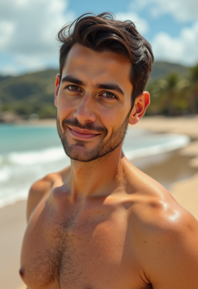 Kinowy portret modela na tle tropikalnej plaży, subtelne światło boczne, naturalna ekspresja twarzy, realistyczna kolor korekcja. Lekki uśmiech.