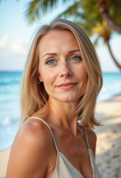 Ultrarealistyczny portret półpostaci na tle rajskiej plaży, jasne niebo, palmy w tle, naturalna mimika twarzy, subtelny kontrast, wysoka szczegółowość 8K. Lekki uśmiech.