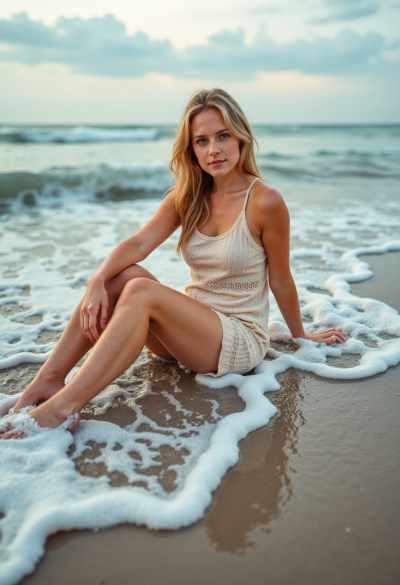 Model siedzący na brzegu oceanu, fale delikatnie otaczające stopy, miękkie światło, wysoka szczegółowość detali, spokojna atmosfera.