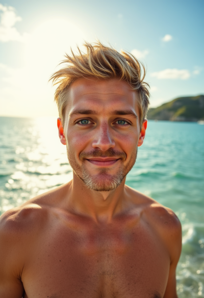 Kinowy portret mężczyzny na tle oceanu, słońce odbijające się w turkusowej wodzie, lekki wiatr, naturalny uśmiech, wysoka szczegółowość 8K.