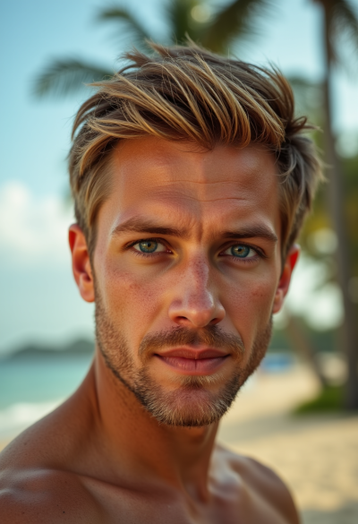 Kinowy portret modela na tle tropikalnej plaży, subtelne światło boczne, naturalna ekspresja twarzy, realistyczna kolor korekcja.