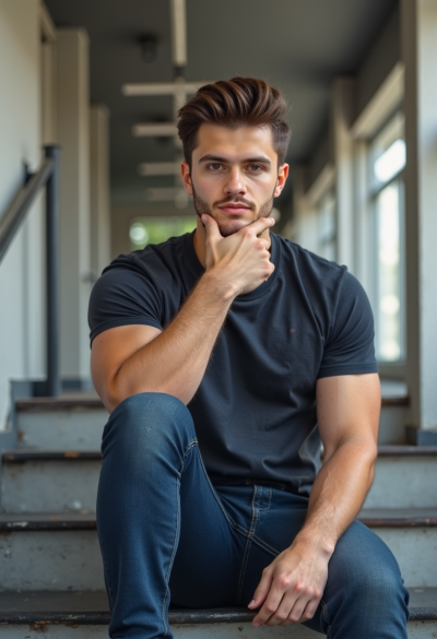 Zdjęcie modela siedzącego na schodach lub murku, swobodna poza, naturalna mimika, miękkie światło, ultra-realistyczna fotografia wyglądająca jak prawdziwy moment z życia, 8K.