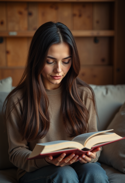 Modelka czytająca książkę w przytulnym domowym otoczeniu.
