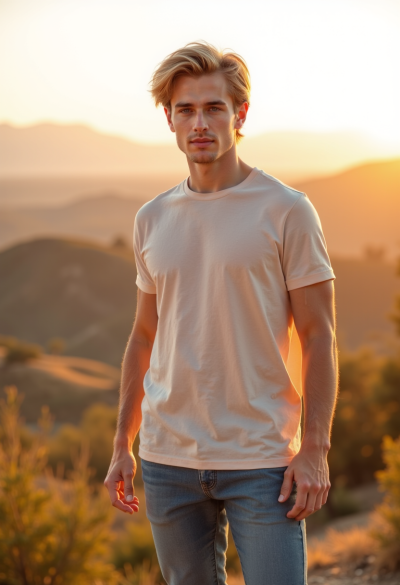 Ultra-realistyczne zdjęcie modela na wakacjach, stojącego na tle krajobrazu, luźny strój, naturalny uśmiech, światło złotej godziny, fotografia wyglądająca jak spontaniczny kadr z profesjonalnego aparatu, 8K.