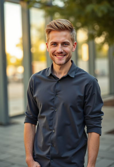Profesjonalne zdjęcie uśmiechniętego modela stojącego na świeżym powietrzu, casualowy strój, naturalna postawa ciała, ciepłe światło, autentyczna radość widoczna w oczach, ultra-realistyczna fotografia 8K.