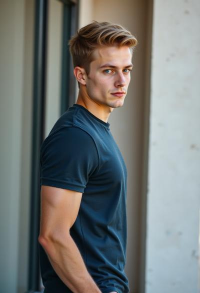 Profesjonalne zdjęcie modela w casualowym stroju, lekko oparty o ścianę, naturalna postawa, miękkie światło dzienne, fotografia jak z sesji robionej do prywatnego portfolio, 8K.