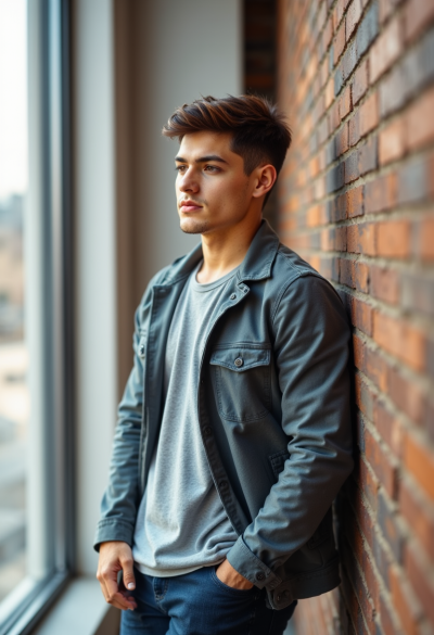 Profesjonalne zdjęcie modela w casualowym stroju, lekko oparty o ścianę, naturalna postawa, miękkie światło dzienne, fotografia jak z sesji robionej do prywatnego portfolio, 8K.