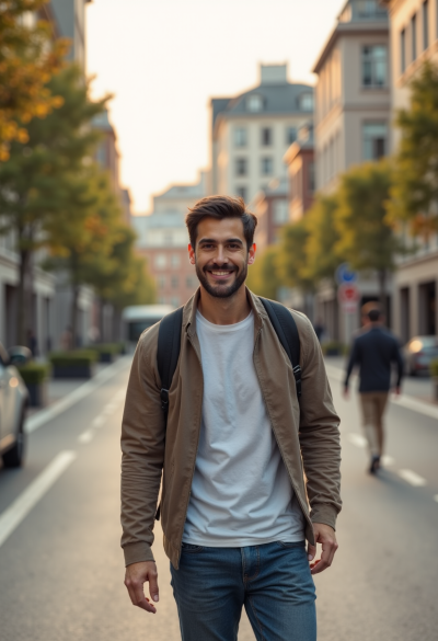 Ultra-realistyczne zdjęcie modela podczas spokojnego spaceru po mieście, casualowy strój, naturalna postawa ciała, miękkie światło dzienne, lekki uśmiech, fotografia wyglądająca jak uchwycona przez profesjonalnego fotografa w idealnym momencie, 8K, pełnoklatkowy aparat, zero pozowania.