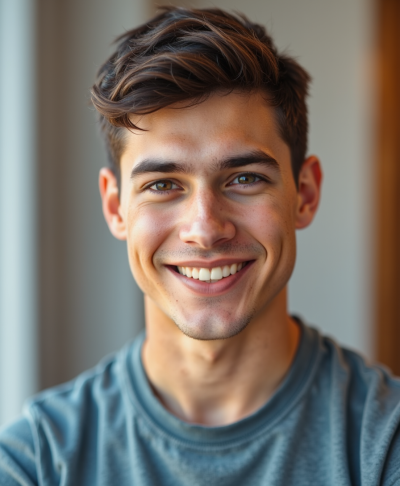Ultra-realistyczne zdjęcie modela z szerokim, naturalnym uśmiechem, casualowy outfit, czysta kompozycja, fotografia idealna na profil randkowy, 8K, brak sztuczności.