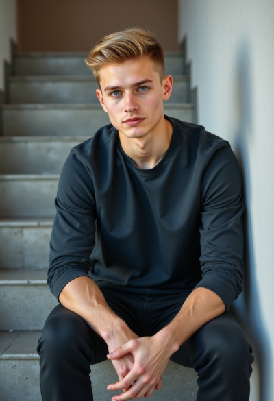 Zdjęcie modela siedzącego na schodach lub murku, swobodna poza, naturalna mimika, miękkie światło, ultra-realistyczna fotografia wyglądająca jak prawdziwy moment z życia, 8K.