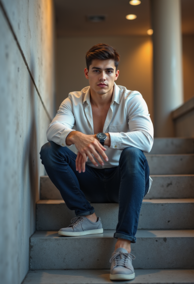 Zdjęcie modela siedzącego na schodach lub murku, swobodna poza, naturalna mimika, miękkie światło, ultra-realistyczna fotografia wyglądająca jak prawdziwy moment z życia, 8K.