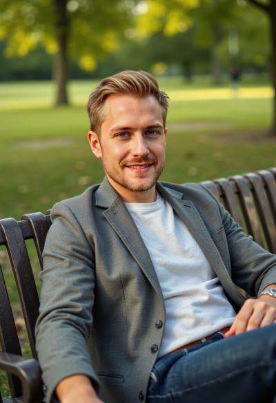 Profesjonalne zdjęcie modela siedzącego na ławce w parku, spokojna poza, miękkie światło dzienne, subtelny uśmiech, kadr pełen relaksu i naturalności, ultra-realistyczna fotografia 8K.