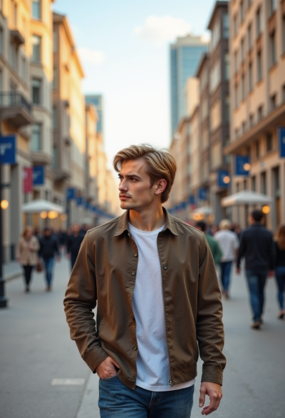 Pewny siebie model męski eksplorujący tętniącą życiem ulicę miasta.