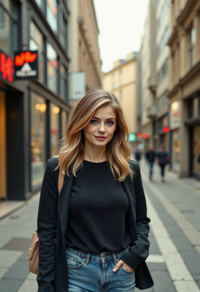 Pewna siebie modelka eksplorująca tętniącą życiem ulicę miasta.