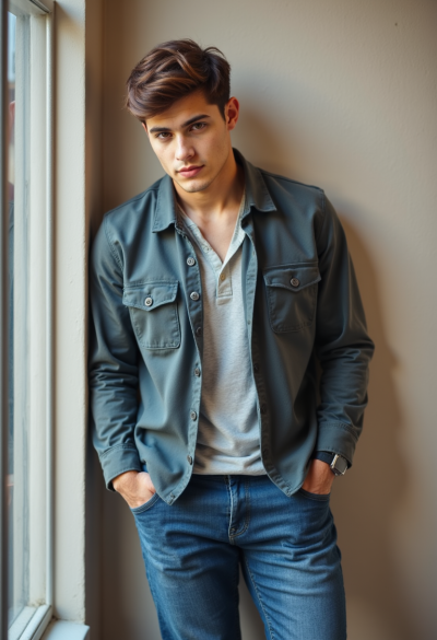 Profesjonalne zdjęcie modela w casualowym stroju, lekko oparty o ścianę, naturalna postawa, miękkie światło dzienne, fotografia jak z sesji robionej do prywatnego portfolio, 8K.