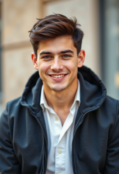 Ultra-realistyczne zdjęcie modela z szerokim, naturalnym uśmiechem, casualowy outfit, czysta kompozycja, fotografia idealna na profil randkowy, 8K, brak sztuczności.