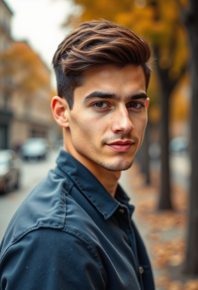Ultra-realistyczne zdjęcie modela na świeżym powietrzu, delikatny uśmiech, swobodna postawa, fotografia wyglądająca jak najlepsze zdjęcie profilowe wykonane przez zawodowego fotografa, 8K.