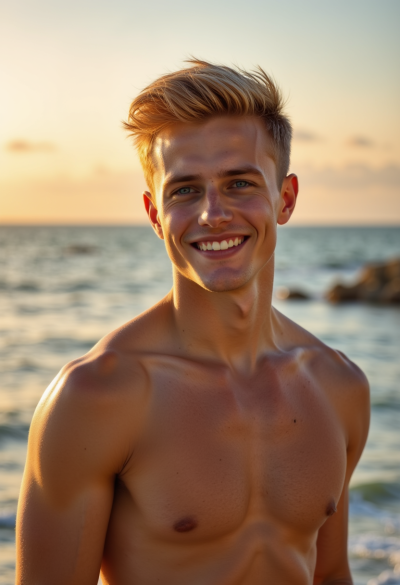 Zdjęcie uśmiechniętego modela na wakacjach, luźny strój, światło złotej godziny, naturalna radość, fotografia wyglądająca jak wykonana przez profesjonalnego fotografa w plenerze, 8K.