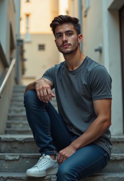 Zdjęcie modela siedzącego na schodach lub murku, swobodna poza, naturalna mimika, miękkie światło, ultra-realistyczna fotografia wyglądająca jak prawdziwy moment z życia, 8K.