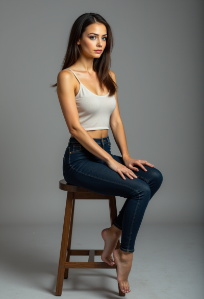 Profesjonalna fotografia w studio, kobieta siedząca na wysokim stołku, jedna noga lekko wysunięta, spokój i siła, kontrolowane światło portretowe.