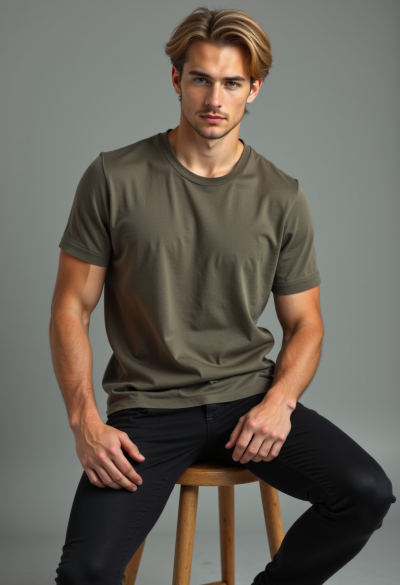 Profesjonalne zdjęcie w studio, model oparty o krzesło, naturalna poza, pewny wzrok, nowoczesna estetyka premium.