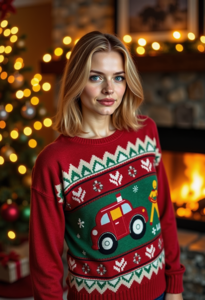 Model ubrany w przytulny świąteczny sweter, stoi przy kominku ze skarpetami i świątecznymi dekoracjami.