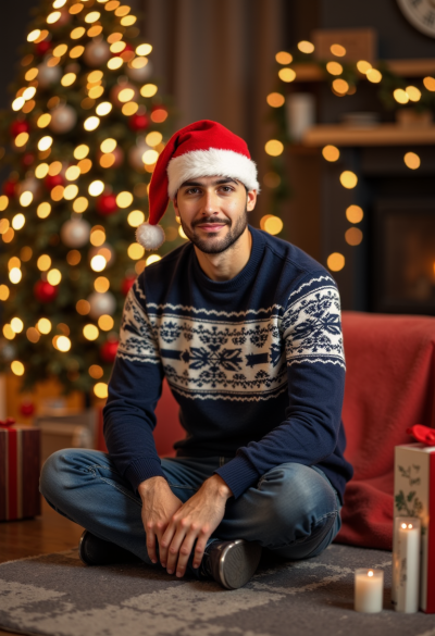 Ultra-realistyczne zdjęcie osoby w swetrze z norweskim wzorem i czapce Mikołaja, siedzącej na podłodze obok choinki, lampki tworzą ciepły bokeh.