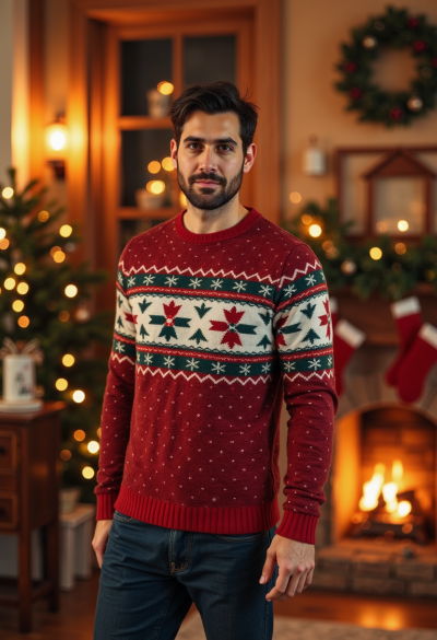 Model ubrany w przytulny świąteczny sweter, stoi przy kominku ze skarpetami i świątecznymi dekoracjami.
