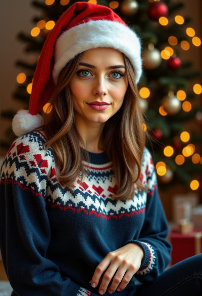 Ultra-realistyczne zdjęcie osoby w swetrze z norweskim wzorem i czapce Mikołaja, siedzącej na podłodze obok choinki, lampki tworzą ciepły bokeh.