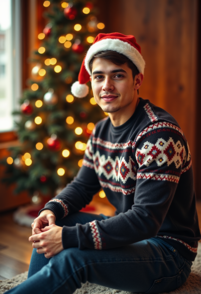 Ultra-realistyczne zdjęcie osoby w swetrze z norweskim wzorem i czapce Mikołaja, siedzącej na podłodze obok choinki, lampki tworzą ciepły bokeh.