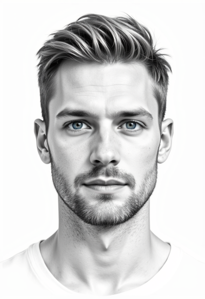 Portret wykonany jako szkic ołówkiem, skupione spojrzenie skierowane przed siebie, spokojna, pewna mimika, miękkie, kontrolowane kreski.