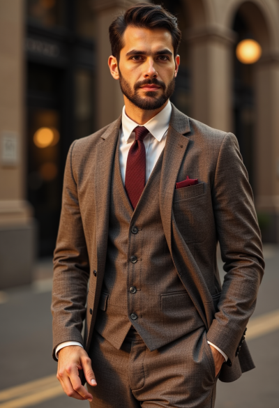 Przystojny i stylowy model prezentujący elegancki garnitur w śmiałym wyraźnie kraciastym brązowym wzorze z jednokolorową koszulą i dzianinowym krawatem.