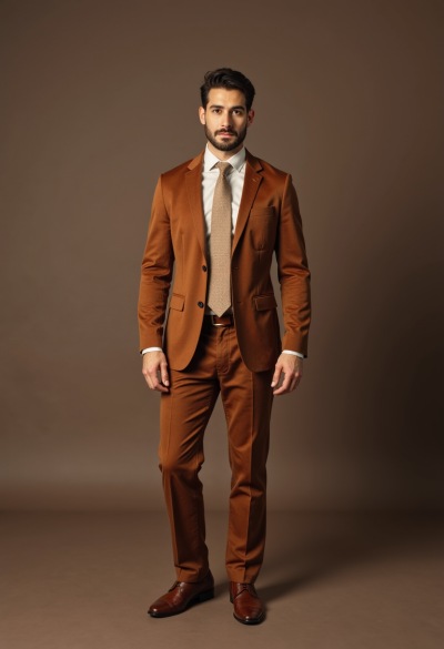 Zdjęcie modela w brązowym garniturze z wyraźną fakturą tkaniny, kremowa koszula, miękki krawat, naturalna postawa, sesja fotograficzna w stylu eleganckiego lifestyle.
