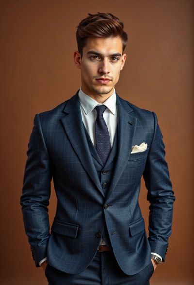 Przystojny i stylowy model prezentujący elegancki garnitur w śmiałym kraciastym wzorze z jednokolorową koszulą i dzianinowym krawatem.