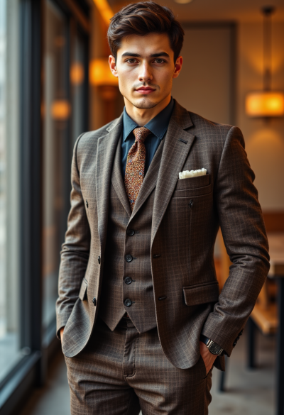 handsome and stylish model showcasing a dappersuit in a bold plaid pattern with a solid-colored shirt and a knitted tie