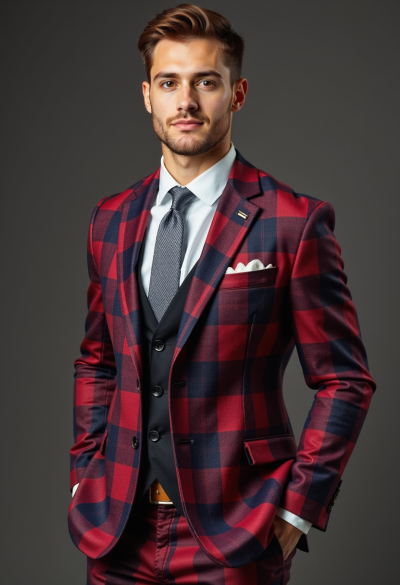 handsome and stylish model showcasing a dappersuit in a bold plaid pattern with a solid-colored shirt and a knitted tie