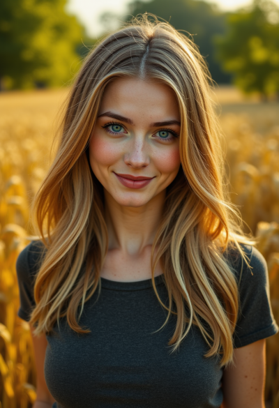 Model na zewnątrz, w naturze, w lesie lub dżungli, lub na polu pszenicy, ciesząca się naturalnym światem.