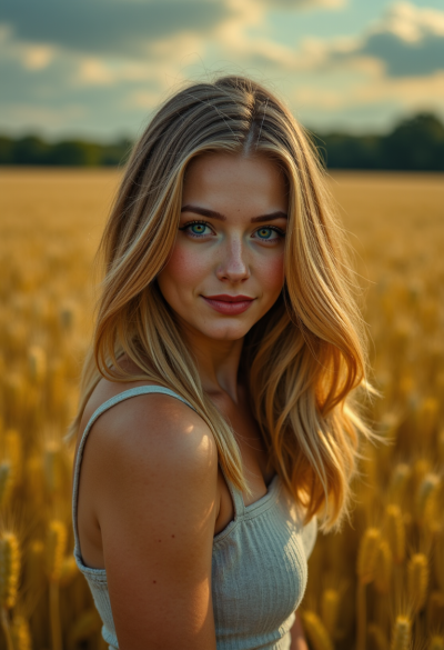 Model na zewnątrz, w naturze, w lesie lub dżungli, lub na polu pszenicy, ciesząca się naturalnym światem.