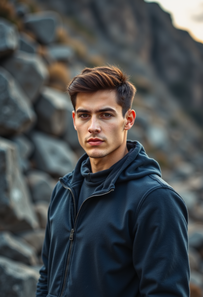 Portret na tle surowych górskich skał, chłodne światło dzienne, mocne tekstury kamienia, kontrast między postacią a naturą, realistyczny, dokumentalny styl.