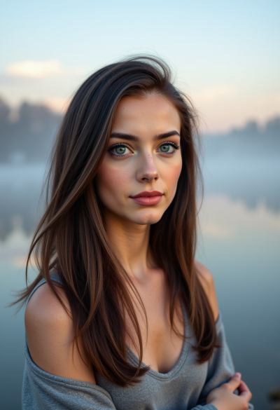 Portret przy jeziorze o świcie, mgła unosząca się nad wodą, pastelowe barwy, cisza i harmonia, ultra-realistyczna fotografia