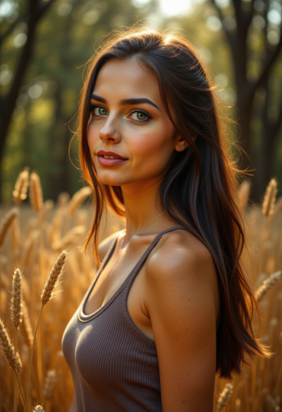 Model na zewnątrz, w naturze, w lesie lub dżungli, lub na polu pszenicy, ciesząca się naturalnym światem.