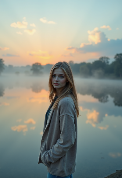 Portret przy jeziorze o świcie, mgła unosząca się nad wodą, pastelowe barwy, cisza i harmonia, ultra-realistyczna fotografia