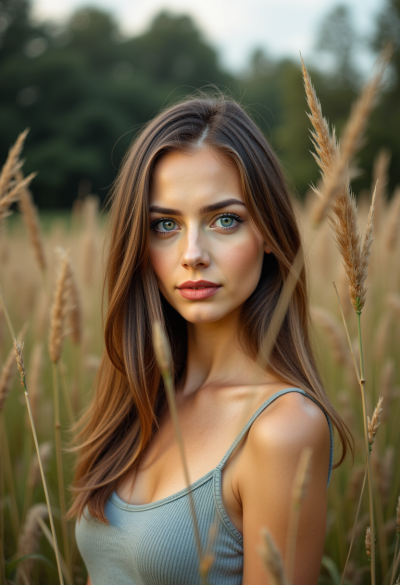 Portret wśród wysokiej trawy, delikatny ruch roślin, spokojna atmosfera, organiczne kolory, minimalistyczna kompozycja