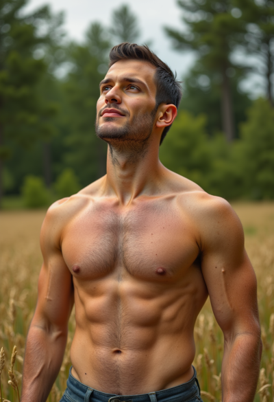 Model na zewnątrz, w naturze, w lesie lub dżungli, lub na polu pszenicy, ciesząca się naturalnym światem.