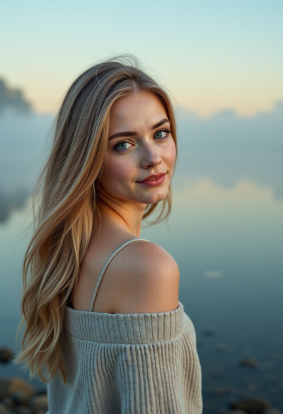Portret przy jeziorze o świcie, mgła unosząca się nad wodą, pastelowe barwy, cisza i harmonia, ultra-realistyczna fotografia