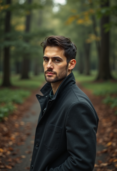 Postać na leśnej ścieżce po deszczu, mokre liście w tle, miękkie, rozproszone światło, twarz w pełni widoczna, naturalny wyraz emocji, cinematic depth.