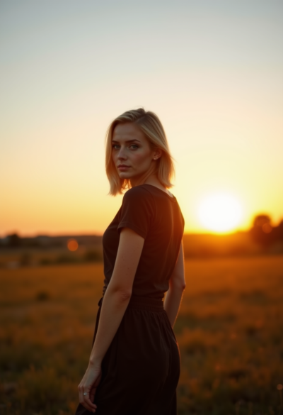 Sylwetka na tle otwartego pola, szeroki kadr, wolność i przestrzeń, naturalna kolorystyka, cinematic wide shot.