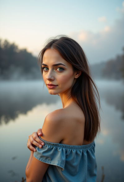 Portret przy jeziorze o świcie, mgła unosząca się nad wodą, pastelowe barwy, cisza i harmonia, ultra-realistyczna fotografia
