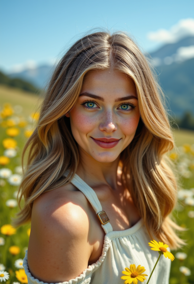 Portret wśród górskich łąk, dzikie kwiaty, jasne światło dzienne, świeżość i naturalność.